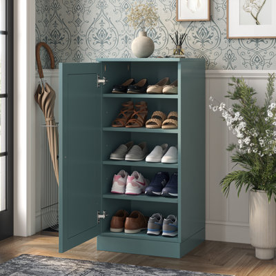 Armoire de rangement étroite à chaussures 100% en bois massif avec porte à panneau surélevé, tablettes réglables, rangement empilable peu encombrant, l 16,5 po x H 35,75 po