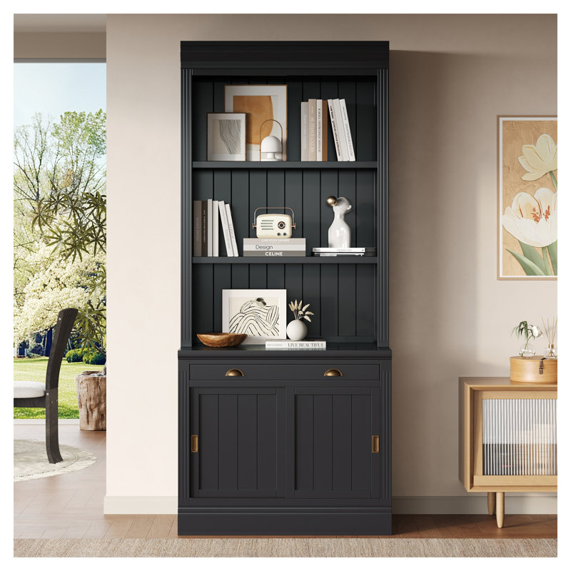 Bibliothèque moderne de 212 cm de haut avec portes coulissantes, tiroir et étagères ouvertes, meuble de rangement en bois massif et MDF pour salon ou bureau, noir