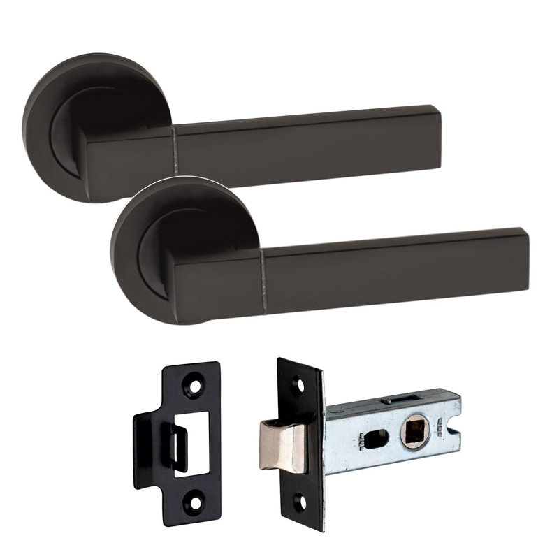 1 Pair Capri Design Door Handles on Round Rose in Matt Black Finish with 2.5" Tubular Latch - 52mm Diameter