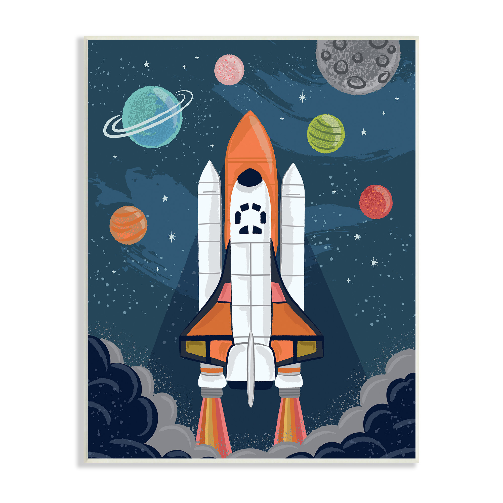 Rocket Ship Ready For Flight Outer Space PlanetsGrey Farmhouse Oversized Rustic Framed Giclee Texturized Art By Lisa Perry Whitebutton