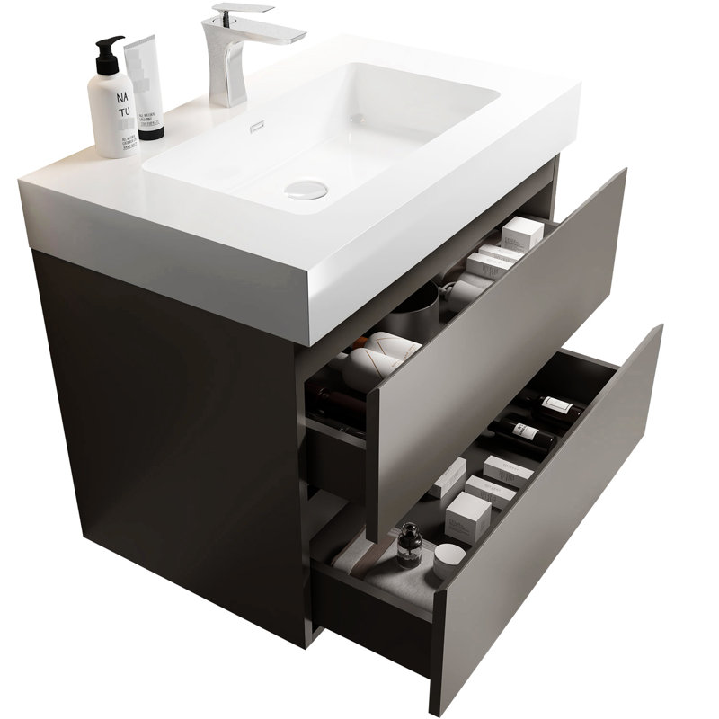 Meuble-lavabo gris de 76 cm (30 pouces), moderne, mural, avec glissières de tiroir silencieuses et beaucoup de rangement dans un espace agrandi.
