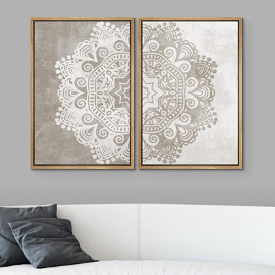 Classical Flowers " Duotone Cultural Indian Mandala Pattern Abstract Shapes Wall Pictures Modern Art Minimal Boho " 2 - Pieces
