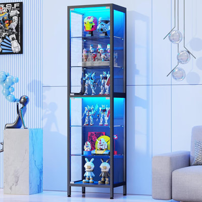 Vitrine à 6 niveaux de 181 cm de haut avec portes vitrées | Vitrine avec éclairage DEL 3 couleurs et détecteur de mouvement, étagères en verre réglables, idéale pour exposer des objets de collection dans le salon, noire
