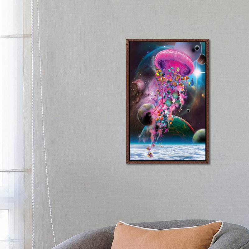 Pink Electric Jellyfish by David Loblaw - Print on Canvas, 66.04 cm H x 45.72 cm W, Classic Brown Wood Framed