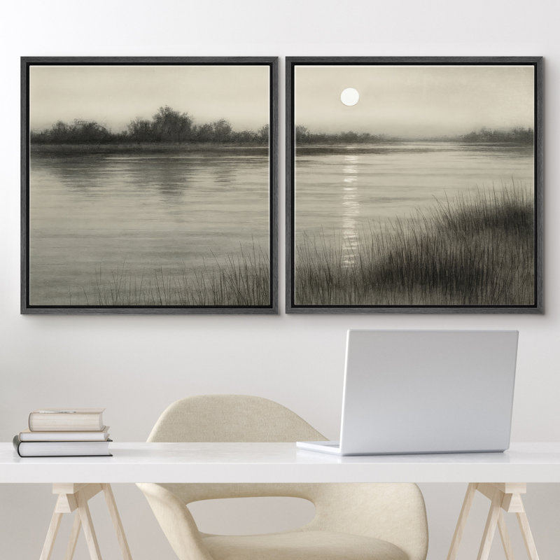 «Calm Moonlit Riverside Misty Landscape», reproduction d'art sur toile encadrée dans la chambre principale, H 16" x l 16"