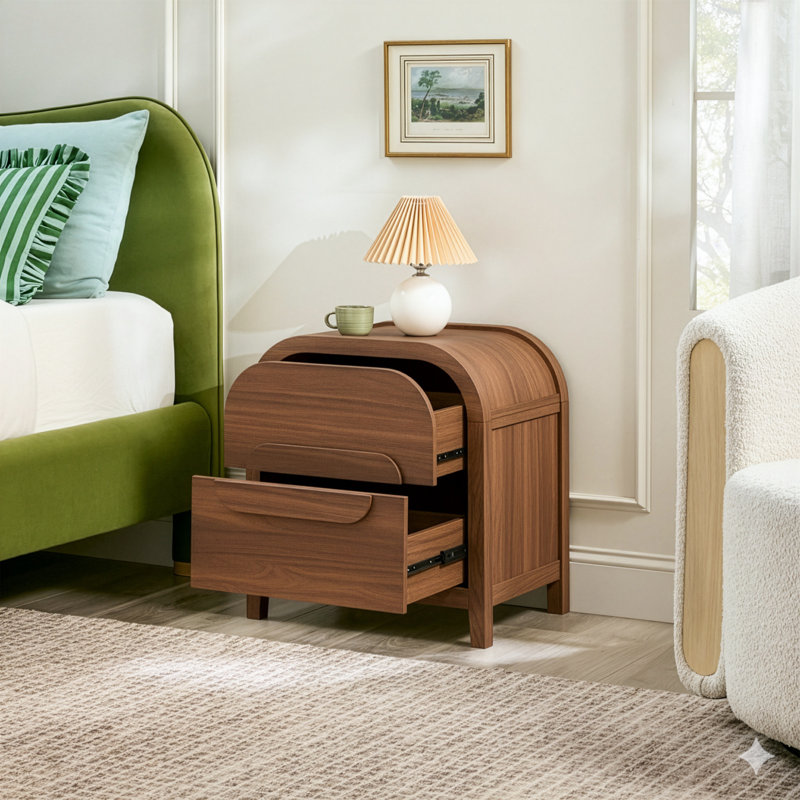 Sitarski Modern Curved 2 Drawer Nightstand, Medium Brown Oak