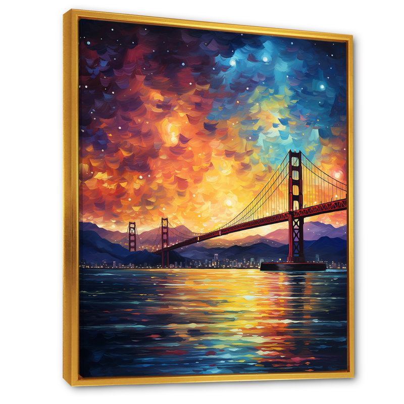 Nuit étoilée sur le pont de San Francisco - art mural Vangogh, Cadre flottant doré, 32" H x 24" W