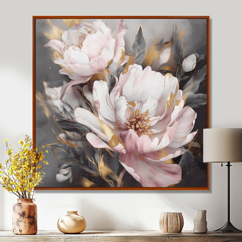 Pink Grey Peonies Elegance II - Print, 16" H x 16" W, Floater Framed, Maple