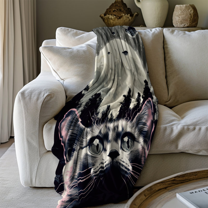 «Feline UFO Encounter» - couverture en sherpa de qualité supérieure - reproduction d'art luxueuse, Lit simple