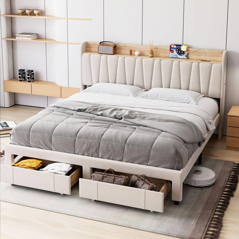 Très grand lit plateforme tapissier avec tiroirs de rangement et tête de lit très grand, beige moderne, sans sommier, Beige