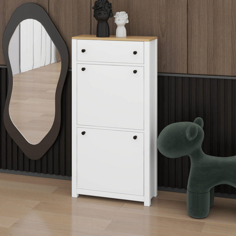 Armoire à chaussures moderne étroite avec 2 tiroirs rabattables, panneau réglable, Blanc