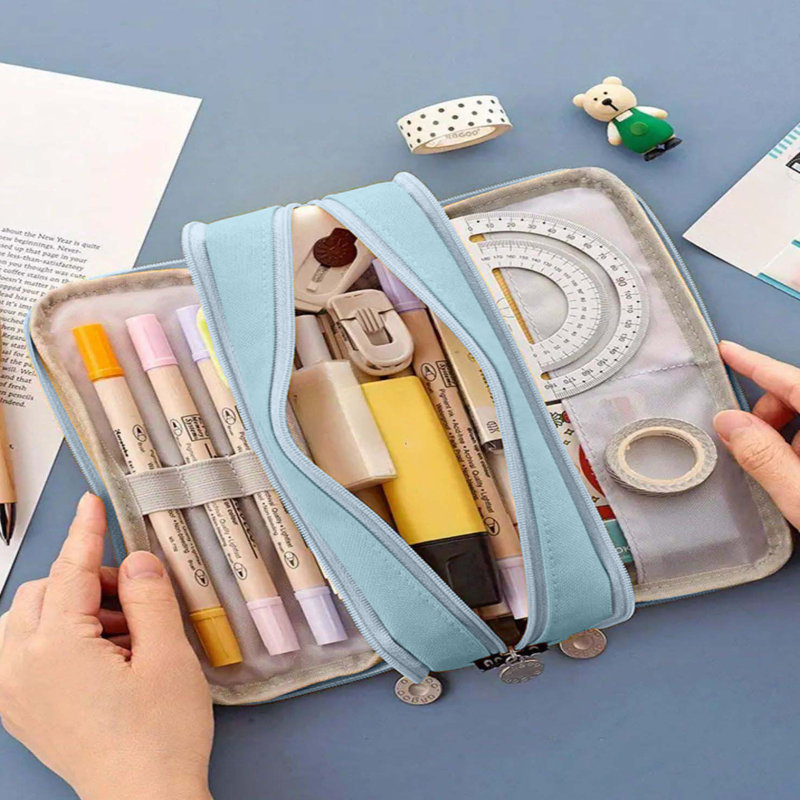 Étui à crayons à grande capacité multi-compartiments, Bleu