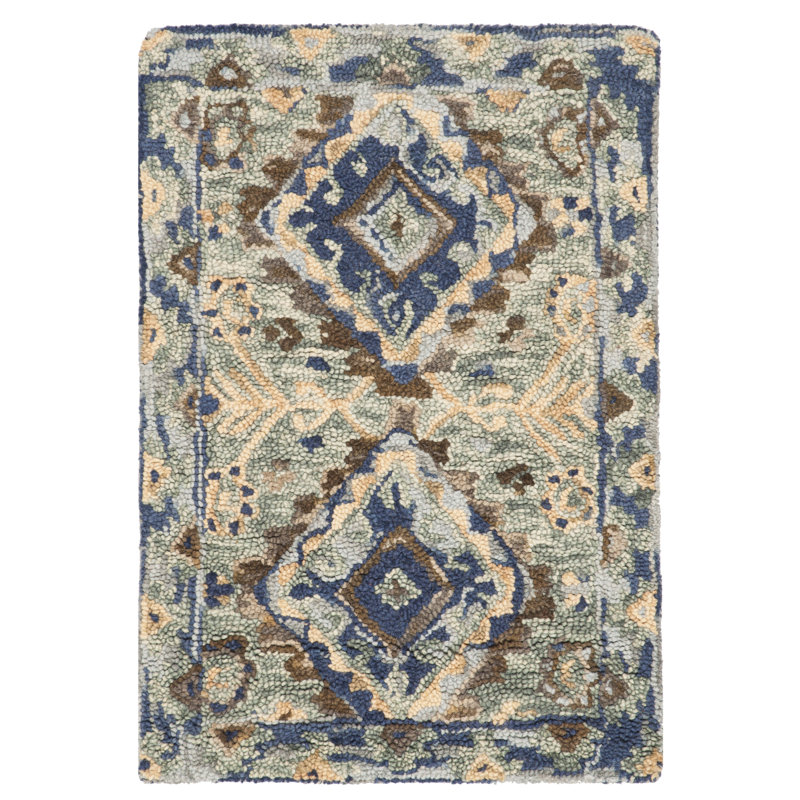 Handmade Rustic-Chic Blue Floral Wool Rectangular Rug