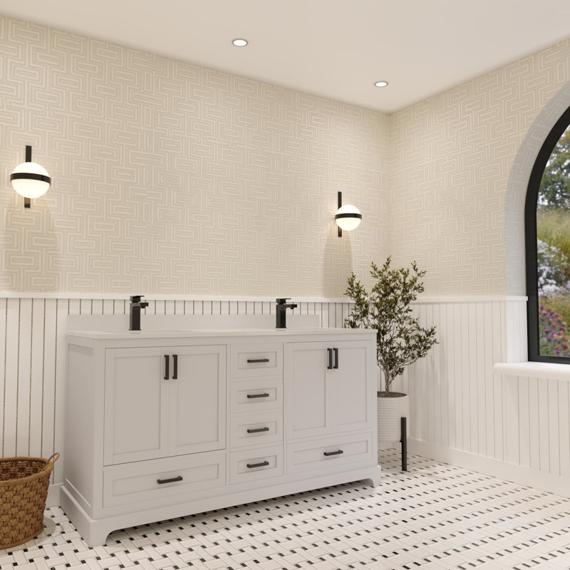 Meuble-lavabo double 60 po Maya avec comptoir en quartz blanc Maya, Blanc, Noir mat