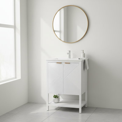 Ensemble de meuble-lavabo moderne 24 po avec lavabo en céramique blanc 24 po | Panneaux de porte et tiroir texturés à fermeture en douceur | Pieds autoportants en pin