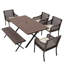 Ensemble de salle à manger de patio 6 places, table en bois et chaises en osier avec banc et trou pour parasol