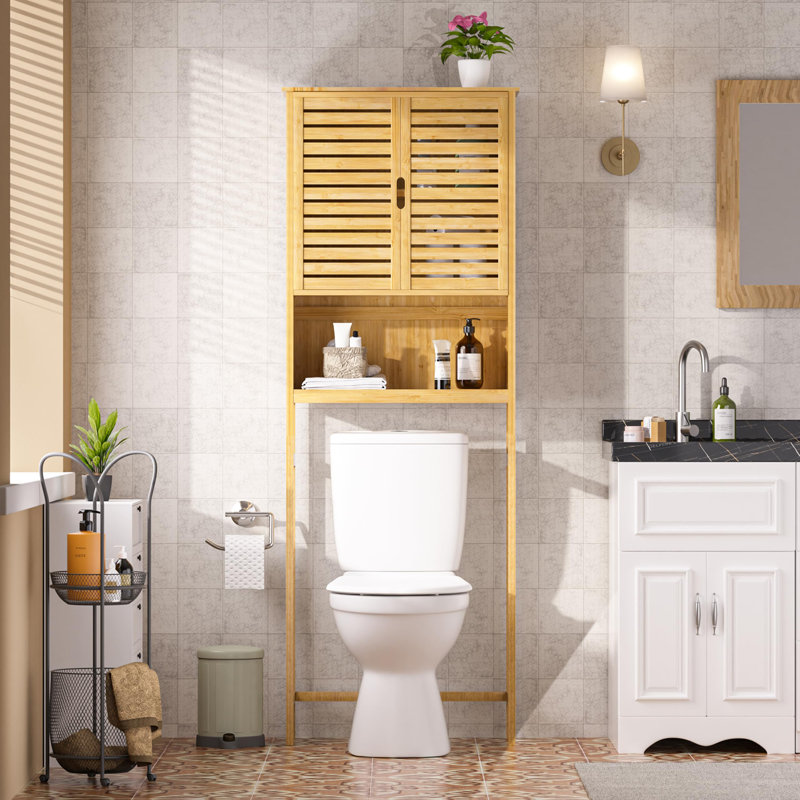 Étagère de rangement au-dessus de la toilette avec portes, organisateur de salle de bain autoportant en bambou naturel avec tablette réglable