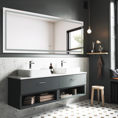 Miroir de salle de bain sans cadre à DEL avec lumières, miroir de meuble-lavabo mural anti-buée, multifonctionnel, 3 lumières à intensité variable, fonction de mémoire