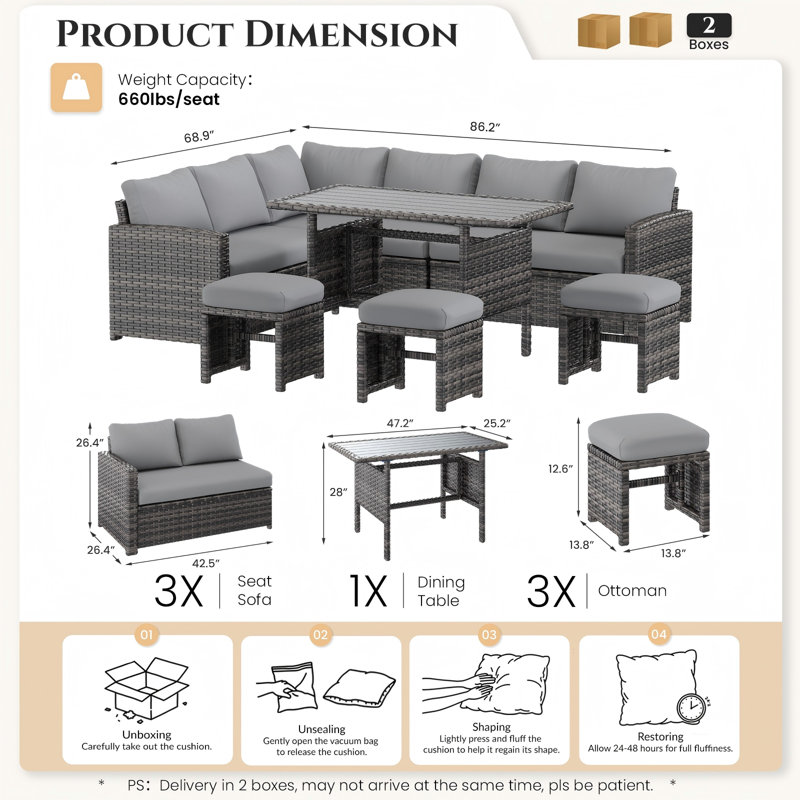 Hinesville 7 Piece Rattan Lounge Dining with Cushions, Gray Frame/Gray Cushion