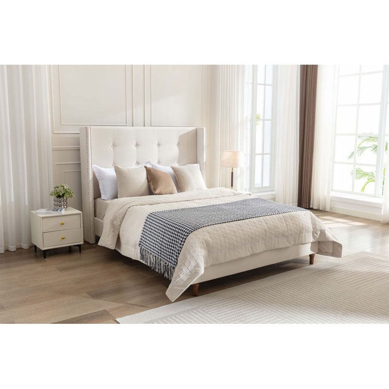 Peyton Velvet Upholstered Bed With 54 Inch High Headboard, Traditional Hand Buttoned Tufting, And Nailhead Trim Wingback For Elegant Bedrooms