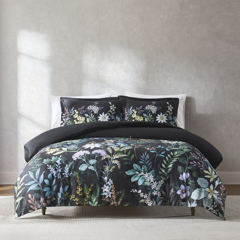 Fantasy Floral Cotton Duvet Cover Black 3Pc Set, Queen Duvet Cover + 2 Shams