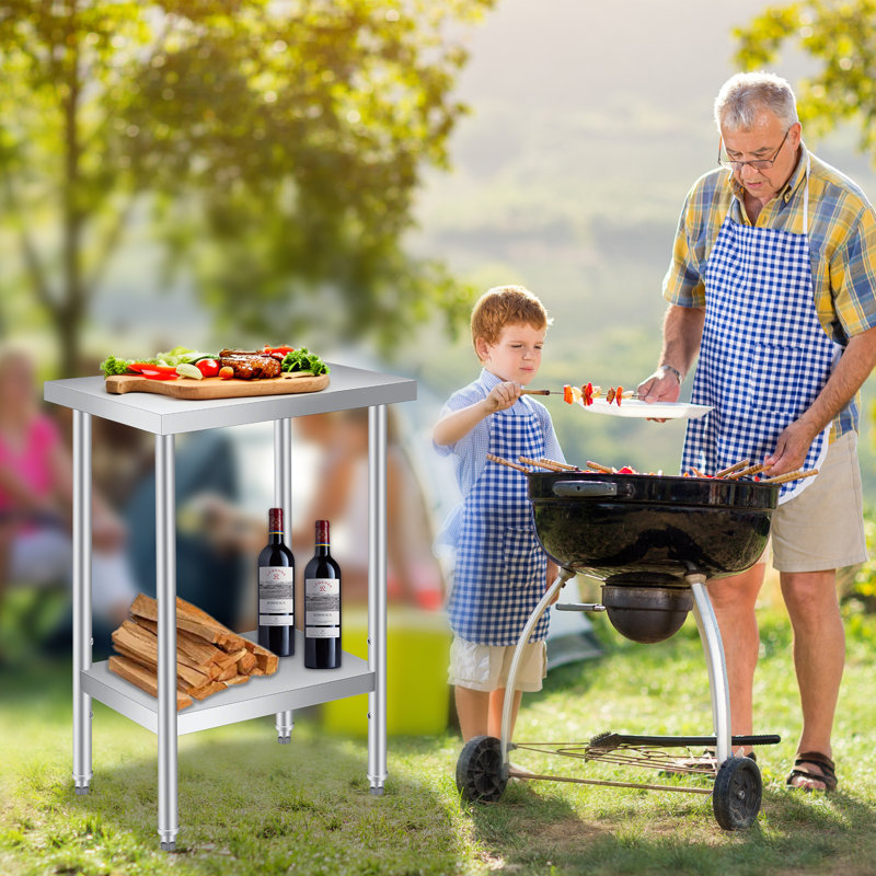 Stainless Steel Prep Table with Undershelf – Double-Layer Outdoor Side Table, Heavy Duty, Easy-Clean – 12" x 24" x 35" for Patio, Garden, Kitchen