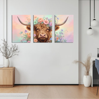 Ensemble de 3 tableaux sur toile représentant un taureau et des fleurs, pour la décoration du salon, de la chambre ou de la maison.