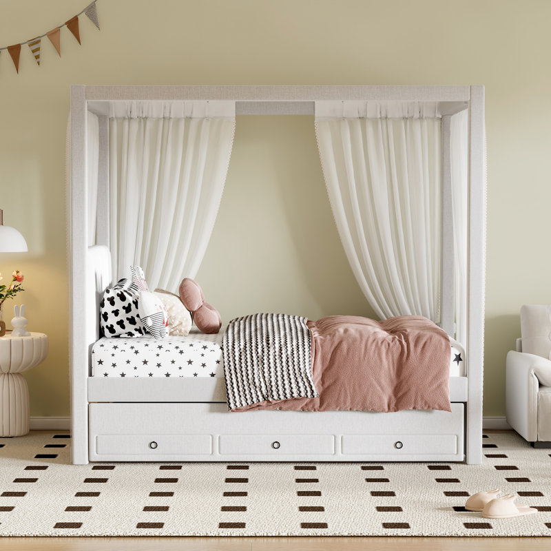 Lit simple beige avec baldaquin, lit gigogne et 3 tiroirs de rangement sous le lit, Lit simple