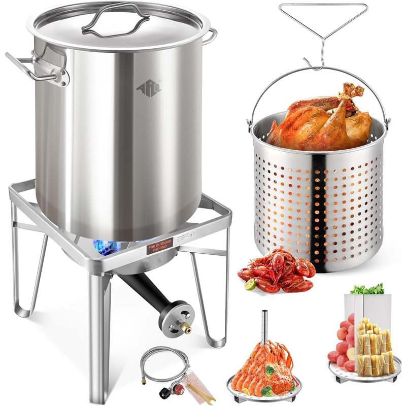 64qt Stainless Steel Pot With 200,000 Btu Propane Burner - Seafood Boil Pot, Crab Boil Pot, Lobster Pot, Shrimp Boil Pot, Tamale Steamer Pot With Basket And Turkey Fryer Burner