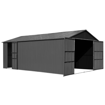 12x15FT Outdoor Metal Garage Shed, Extra Large Metal Carport with Lockable Double Hinged Doors, Heavy Duty Car Shelter for Car, Truck, Motorcycle and Lawn Equipment, Dark Grey