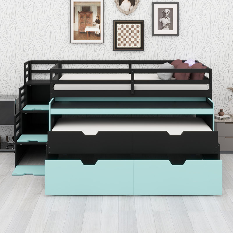 Lit mezzanine avec bureau coulissant, lit gigogne, tiroirs de rangement et marches Gaming & Workstation, Black+Blue