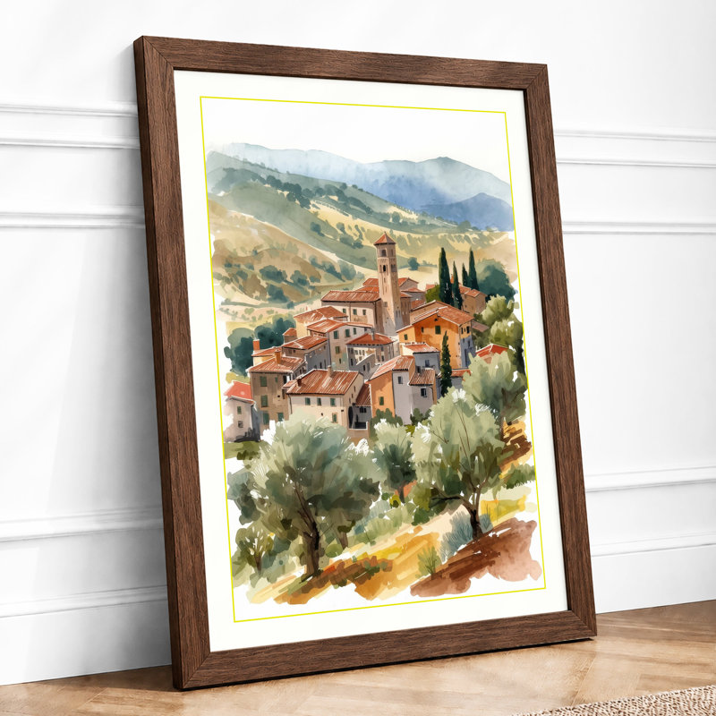 Tuscan Hillside Village Rustic - Framed Print, A2 - 59.4 x 42.0 cm, Walnut