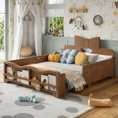 Structure de lit pour enfants avec tête de lit Bowknot, garde-corps et bibliothèque, double / grand, naturel profond