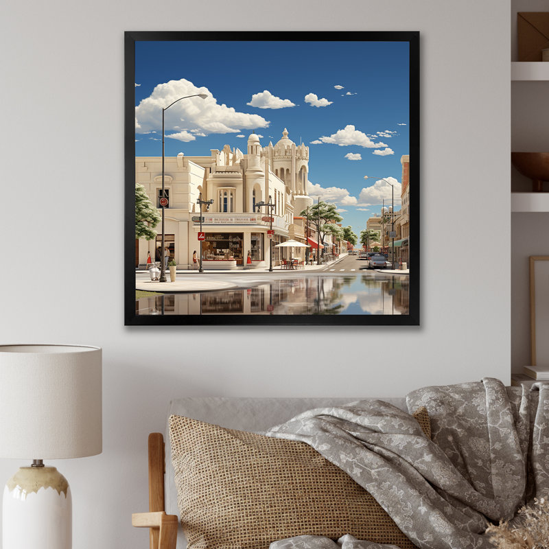 Paysage urbain rétro crémeux aux États-Unis sur toile, Cadre simple noir, H 36 po x l 36 po x P 1,5 po