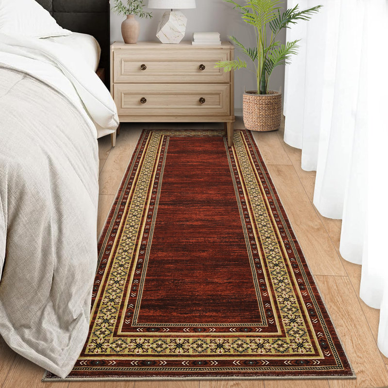 Washable Area Rug Modern Bordered Rug Non Slip Floor CarpetNon Shedding Neutral Rugs for Kitchen Bedroom Living Room, Red