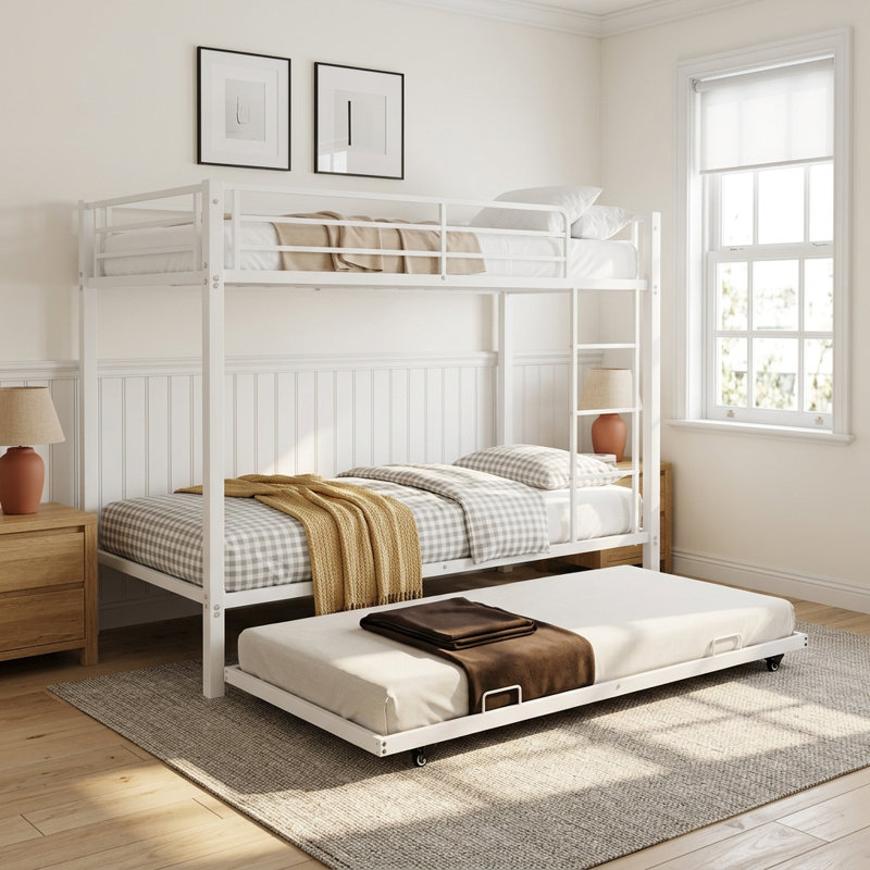 Queen Size Bunk Bed With Trundle, White, Queen