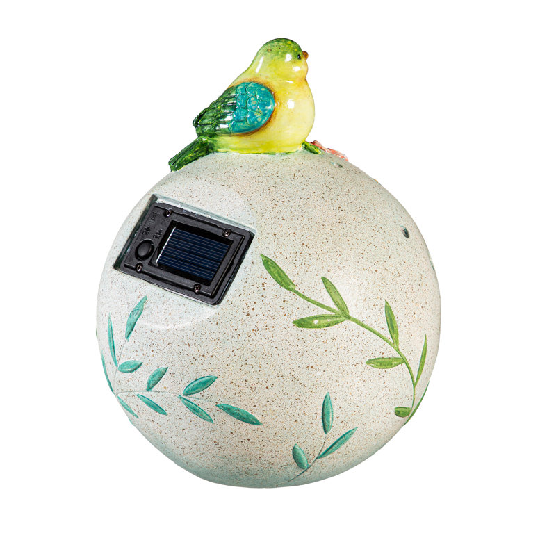Statue solaire oiseau assis sur un orbe floral, H 8 po