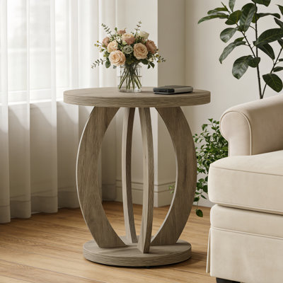 Round Wood End Table, Farmhouse Accent Bedside Table For Living Room Bedroom Small Space