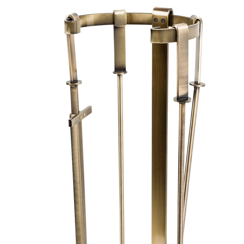 Ensemble d'outils de foyer Modern Ember Knoll - comprend brosse, pelle, tisonnier, pinces et support - acier, Laiton vieilli