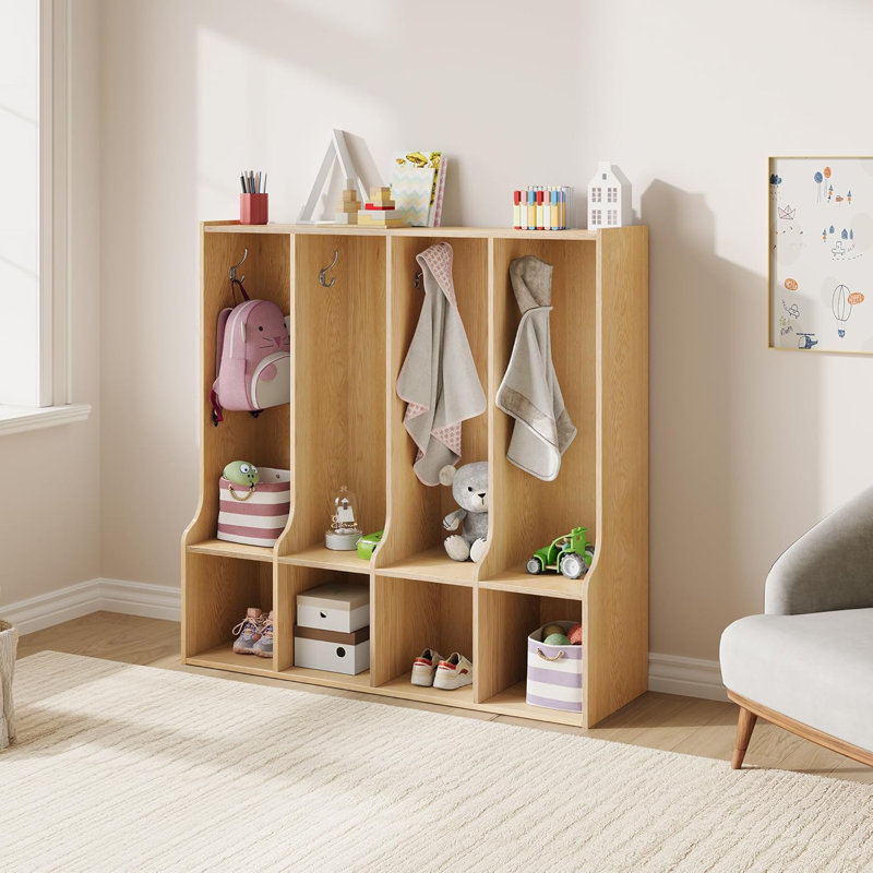 4-Section Classroom Coat Locker with 4 Cubbies, Daycare Cubby Storage Organizer with 8 Hooks, Ivory
