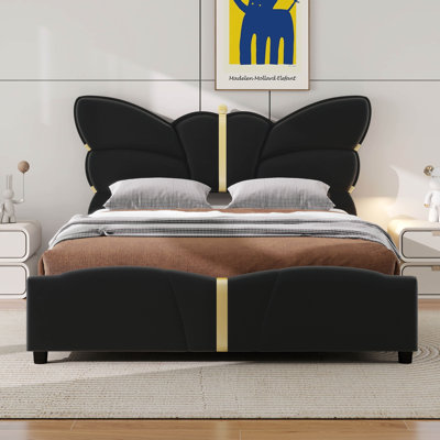 Full Size Bed Frame With Butterfly Headboard And Footboard, PU Leather Upholstered Platform Bed With Gold Metal Decorations