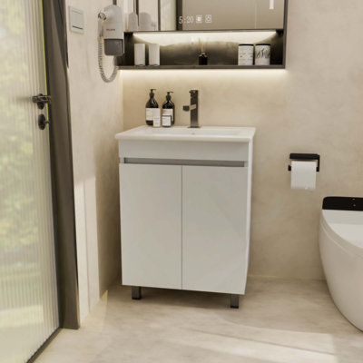 Meuble-lavabo pour salle de bain avec lavabo, meuble-lavabo pour petit espace, meuble-lavabo autoportant avec 2 armoires à fermeture douce