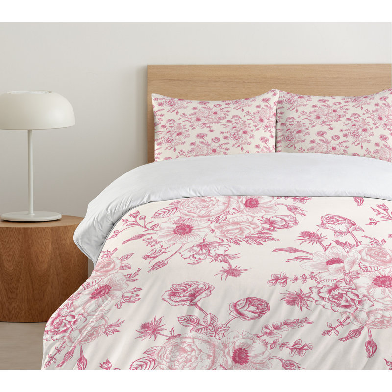 King Pale Pink Floral Cotton Duvet Cover Set with Pillow Shams