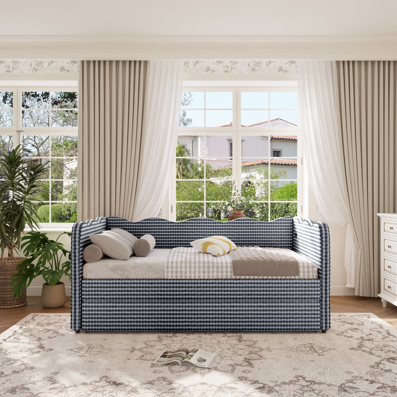 Linen Upholstered Gingham Daybed With Trundle, Usb Charging Port & Wave-shaped Design, No Box Spring Needed, Navy