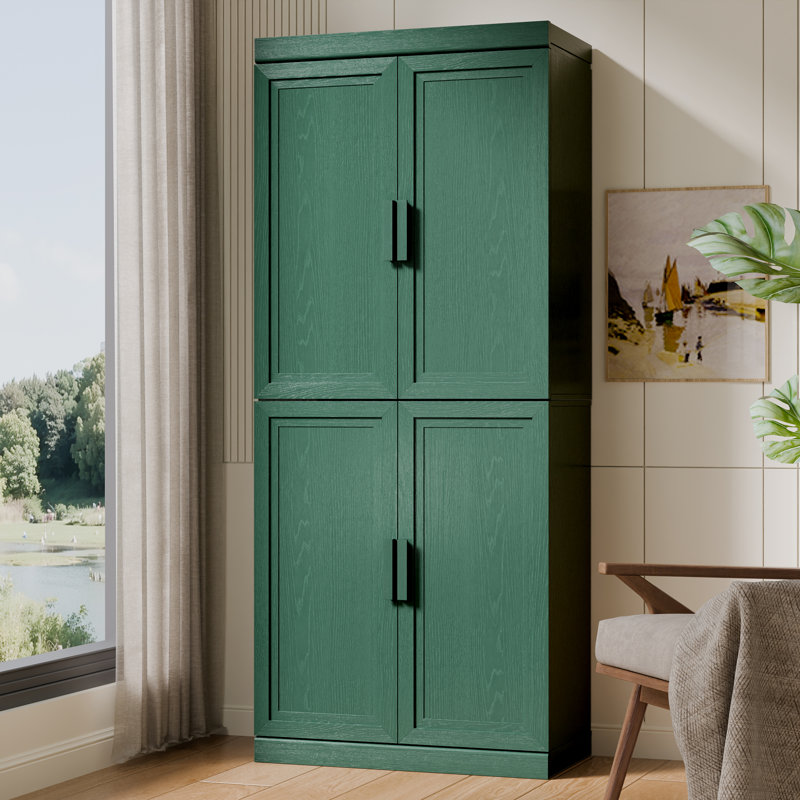 72" Tall 4-Door Modern Freestanding Storage Cabinet with Adjustable Shelves, Forest Green