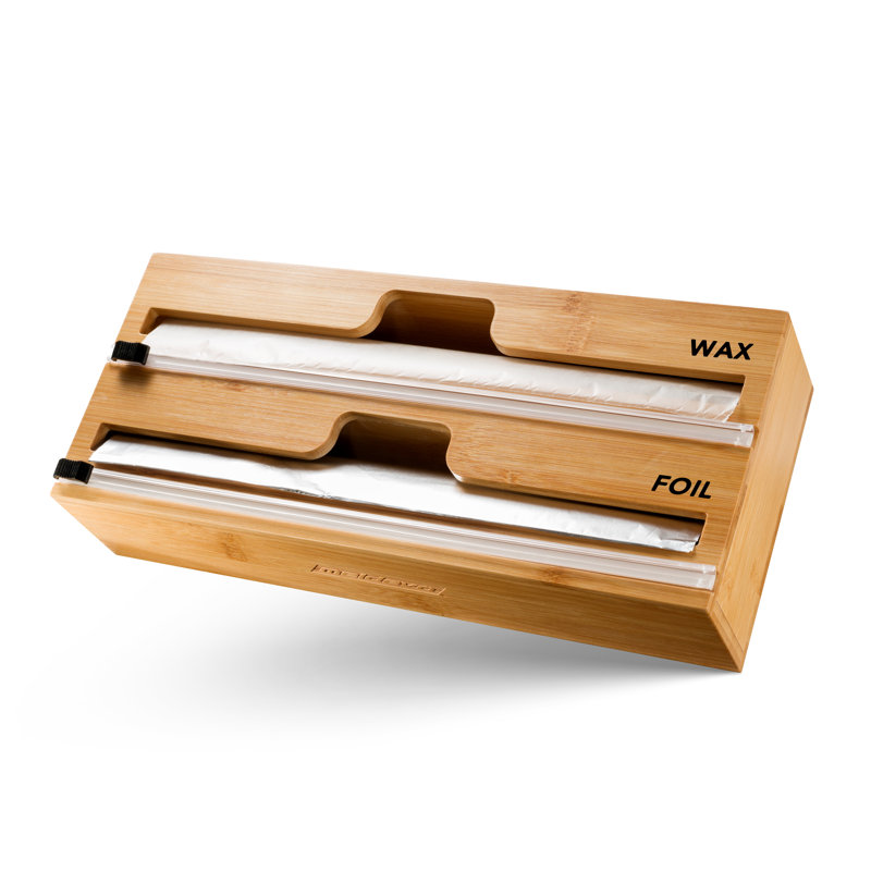 Distributeur d'enveloppes en bambou pour tiroir de cuisine avec coupe et étiquettes, emballage en plastique, papier d'aluminium et distributeur de papier ciré, compatible avec rouleau de 12 po