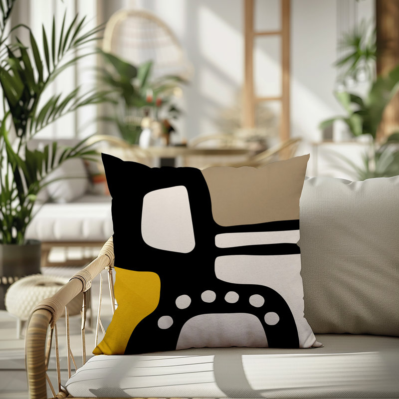 Oreiller carré réversible intérieur / extérieur Tobe Minimalist, H 15 po x l 15 po, Jaune / noir / blanc cassé