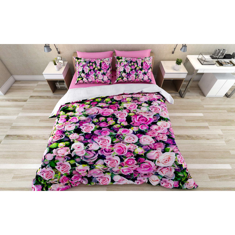 Luxurious Double Quilt Cover Set, 100% Cotton Blend (70% Cotton / 30% Polyester), 79 x 79 inches | Includes 2 Pillowcases (31.5 x 31.5 inches) | Elegant Pink, Green & Dusty Rose Colors, Machine Washable, Button Closure