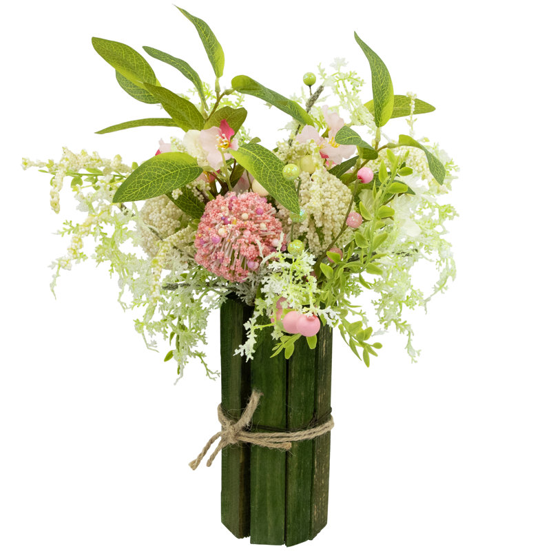 Pink and White Hydrangea Bouquet in Green Wooden Vase with Jute Rope