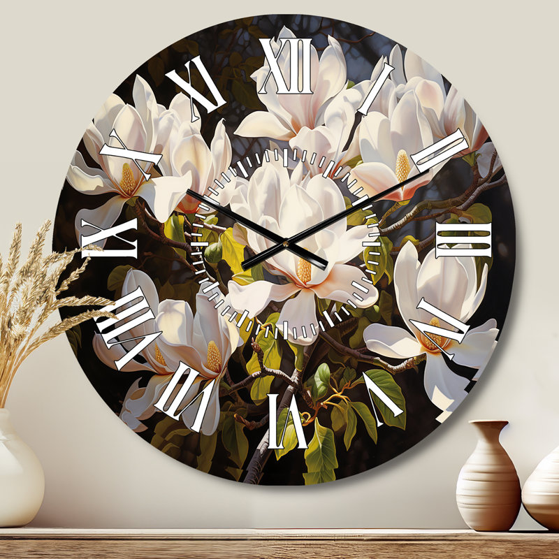Horloge murale blanche blanche jaune Magnolias, Médium
